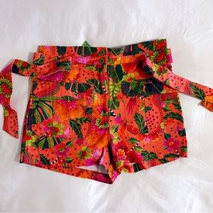 Farm Rio Women’s Orange Blooming Garden High Rise Paperbag Belted Shorts XL NWT
